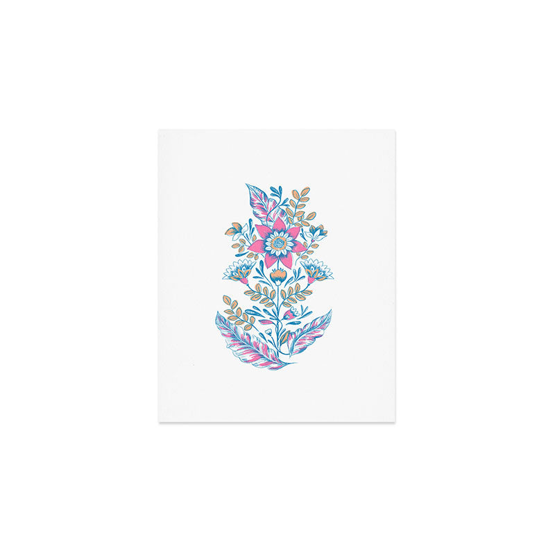 Folk Floral - Cyan, pink and yellow Art Print Gallery Image 1