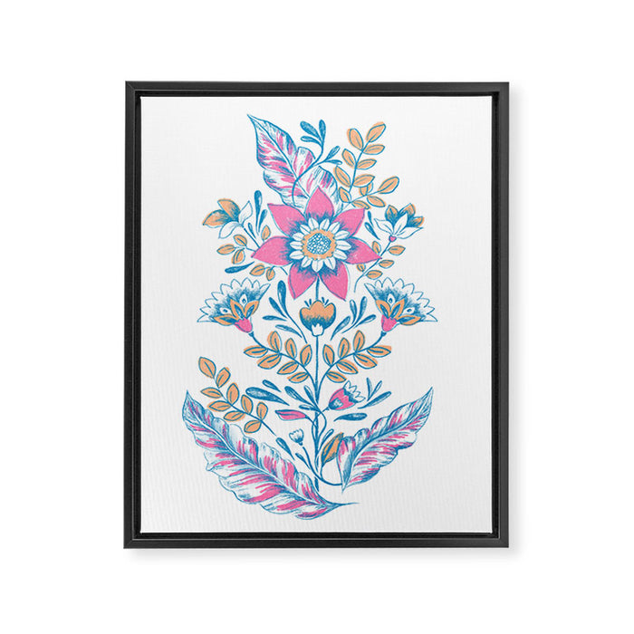 Folk Floral - Cyan, pink and yellow Framed Canvas Print Gallery Image 1