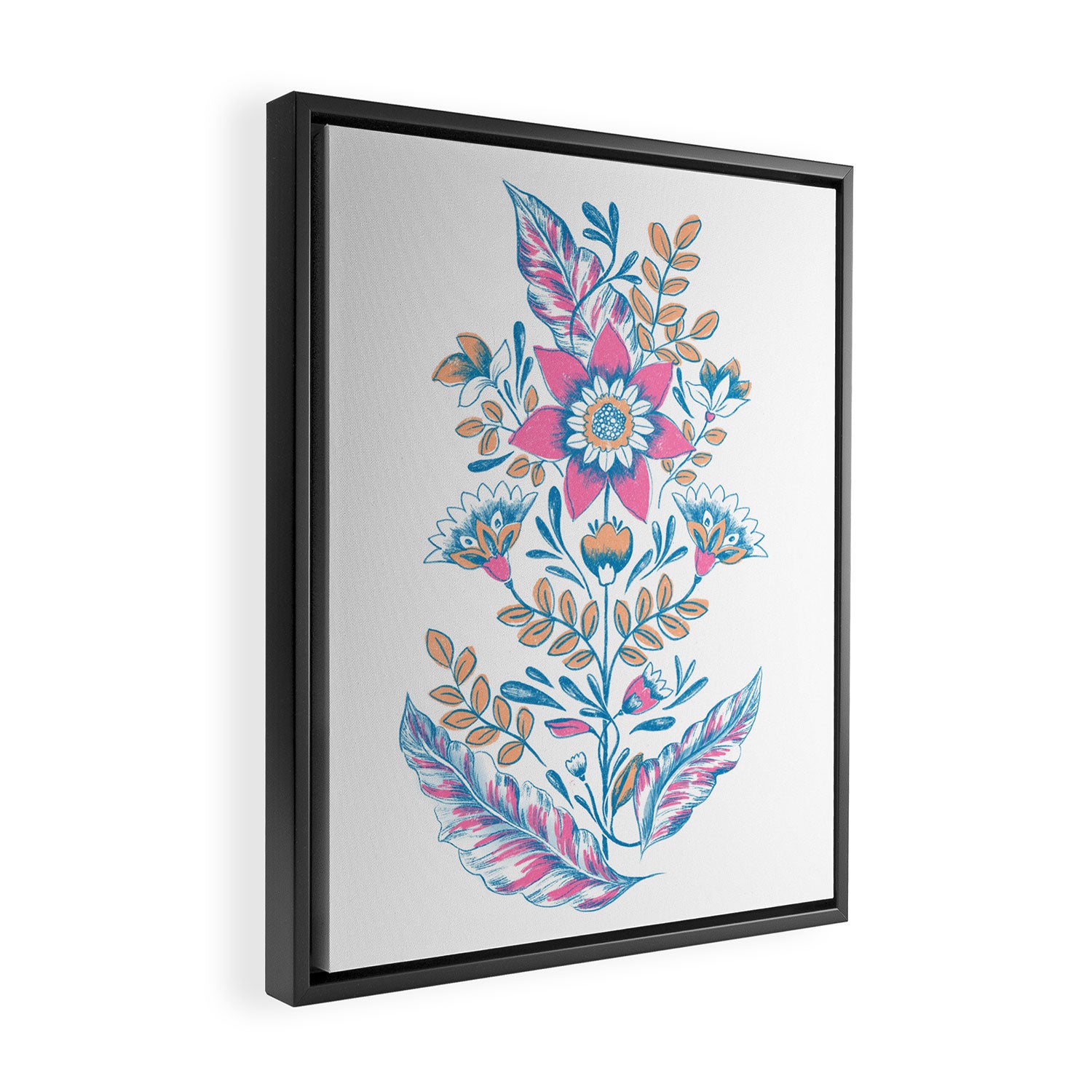 Folk Floral - Cyan, pink and yellow Framed Canvas Print Gallery Image 2