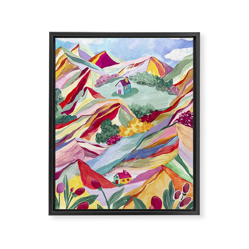 Gouache rainbow landscape Framed Canvas Print Gallery Image 6