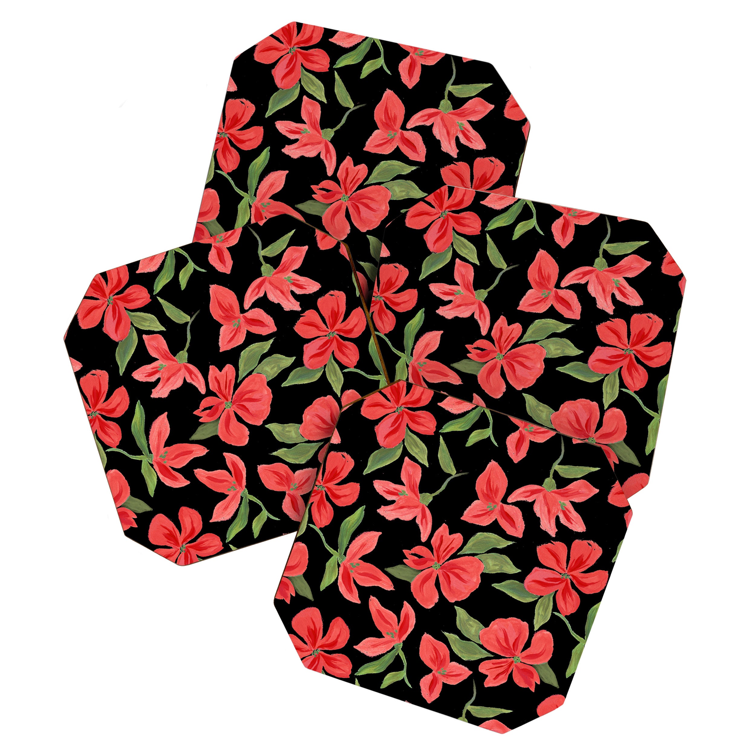 Red bold flowers in black background Coaster Gallery Image 1