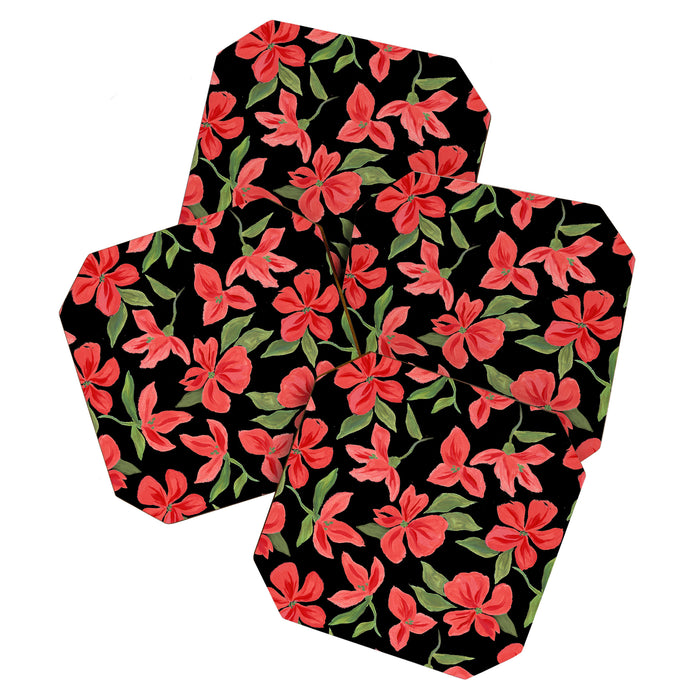 Red bold flowers in black background Coaster Gallery Image 1