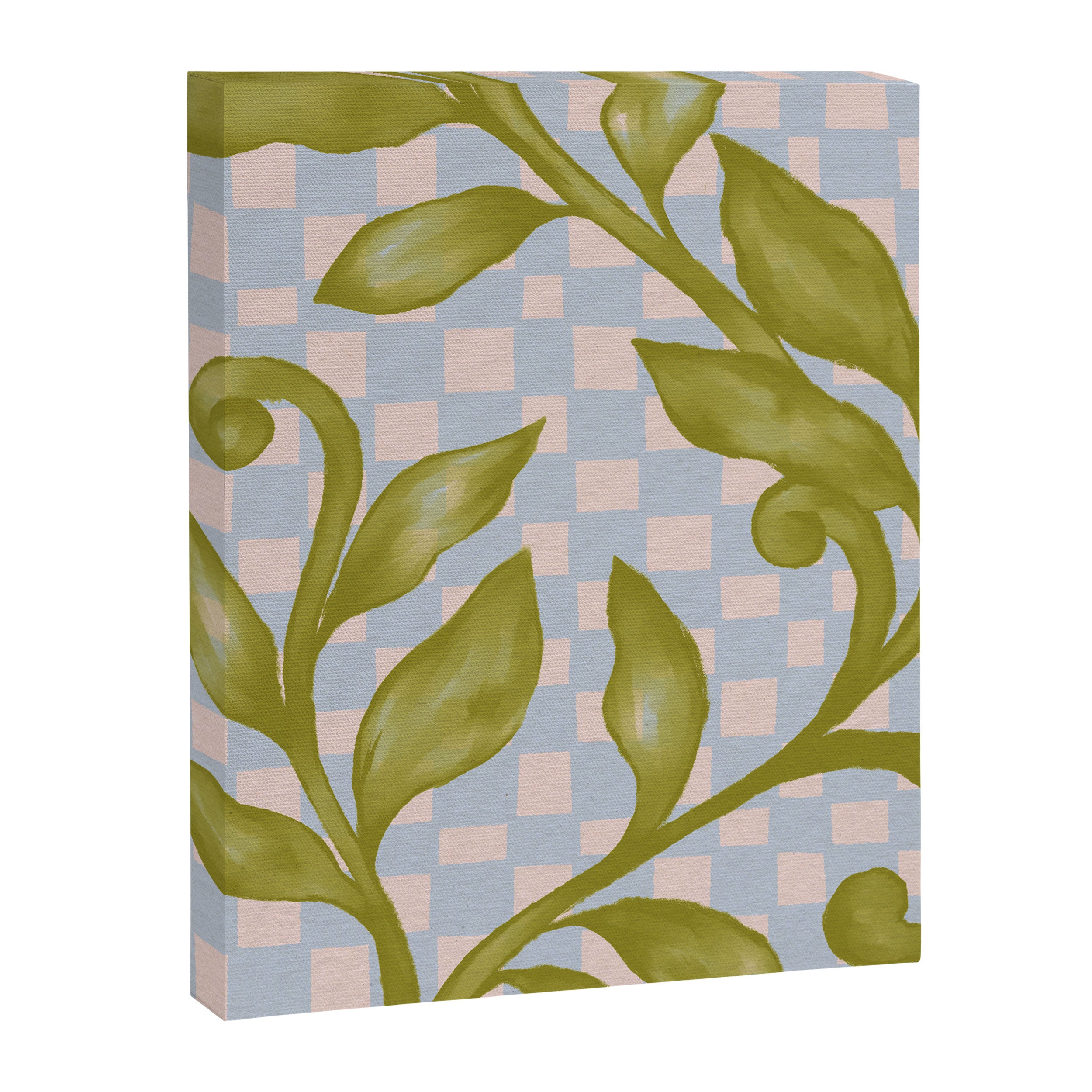 Vibrant Green Leaves on a Blue Checkered Background Canvas Print Gallery Image 6