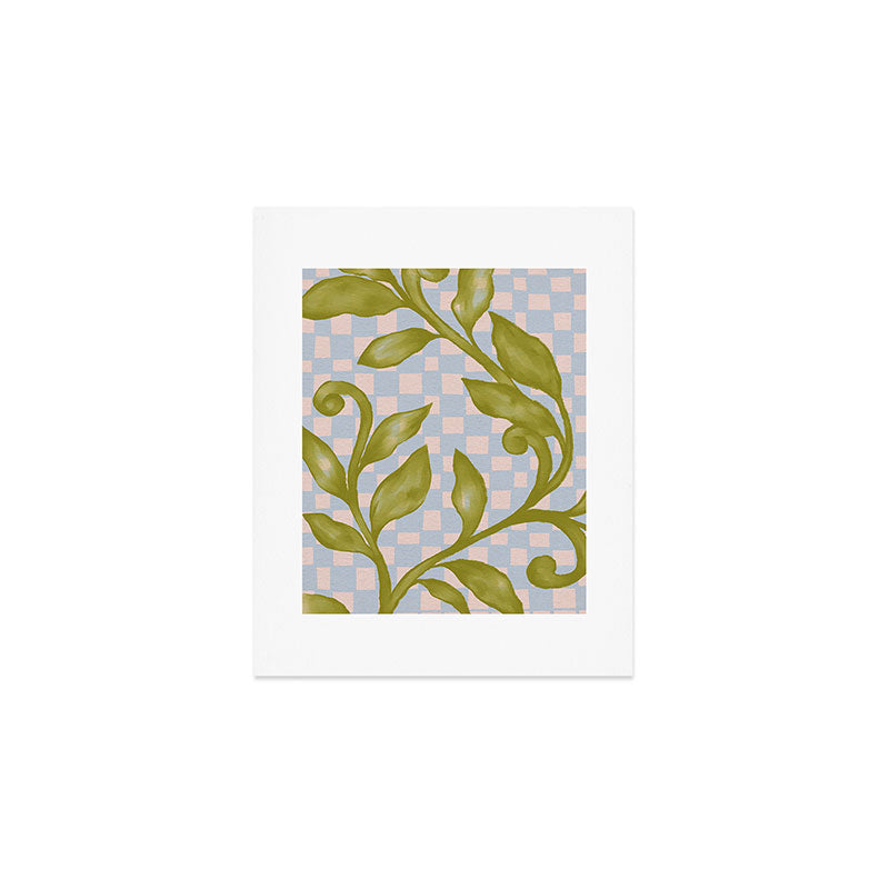 Vibrant Green Leaves on a Blue Checkered Background Art Print Gallery Image 1