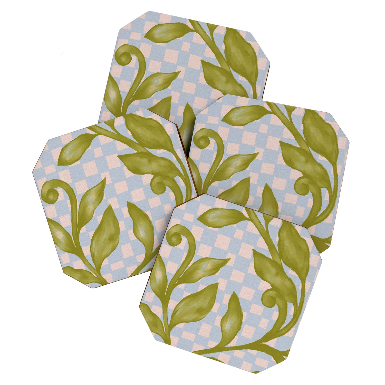 Vibrant Green Leaves on a Blue Checkered Background Coaster Gallery Image 1