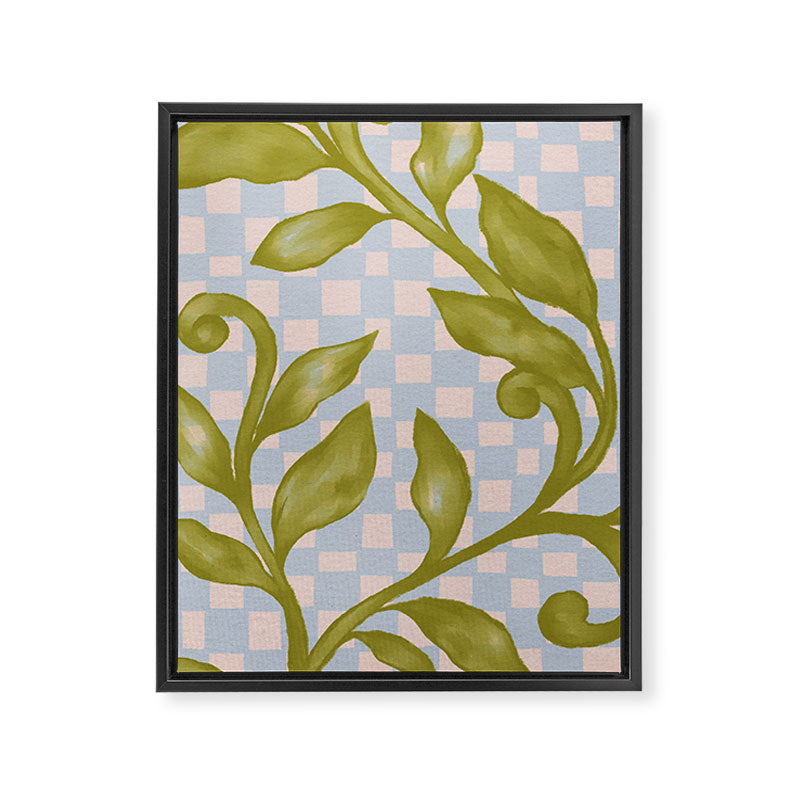 Vibrant Green Leaves on a Blue Checkered Background Framed Canvas Print Gallery Image 6
