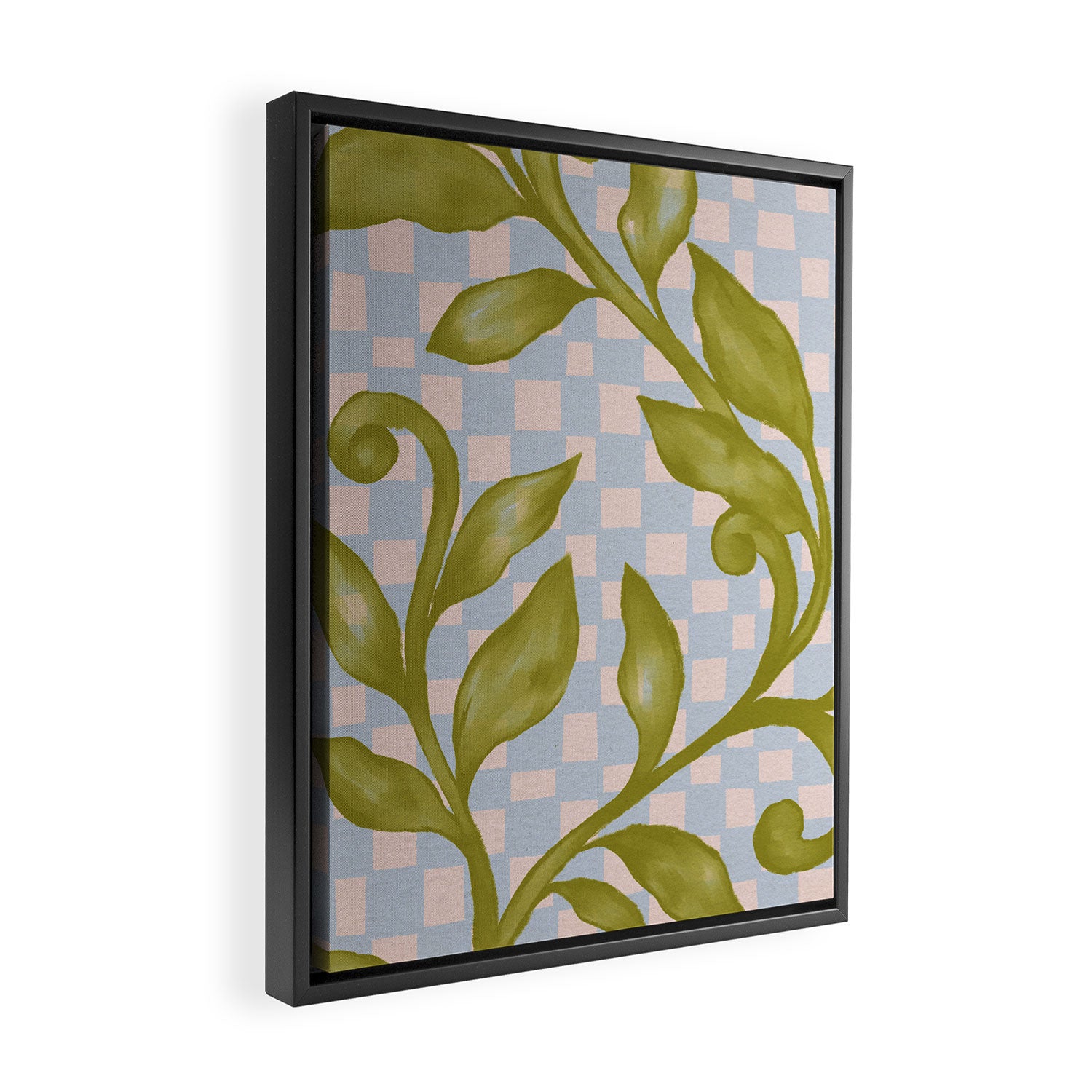 Vibrant Green Leaves on a Blue Checkered Background Framed Canvas Print Gallery Image 2
