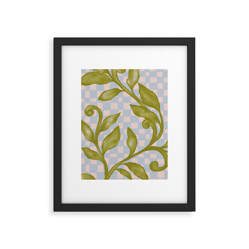 Vibrant Green Leaves on a Blue Checkered Background Framed Art Print Gallery Image 5