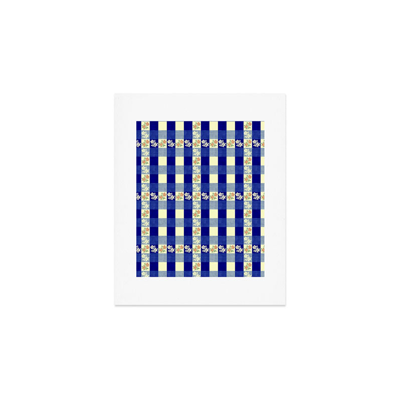 Vintage Blue Gingham with Flowers Art Print Gallery Image 1