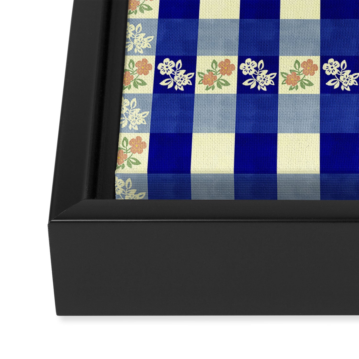 Vintage Blue Gingham with Flowers Framed Canvas Print Gallery Image 3