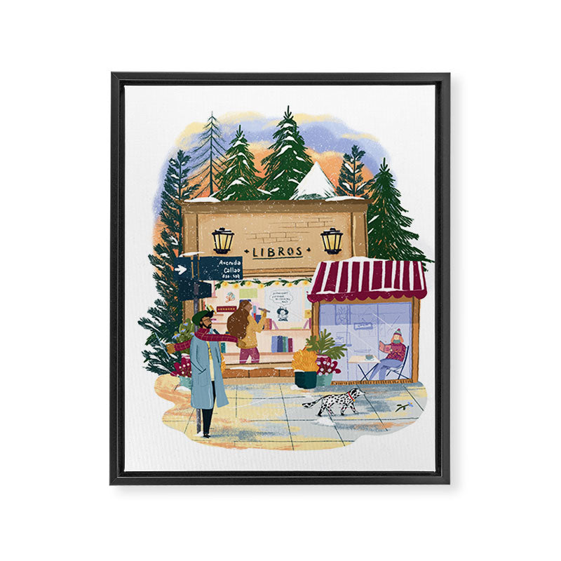Winter at the bookshop Framed Canvas Print Gallery Image 6