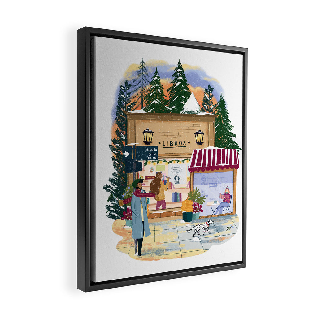 Winter at the bookshop Framed Canvas Print Gallery Image 2