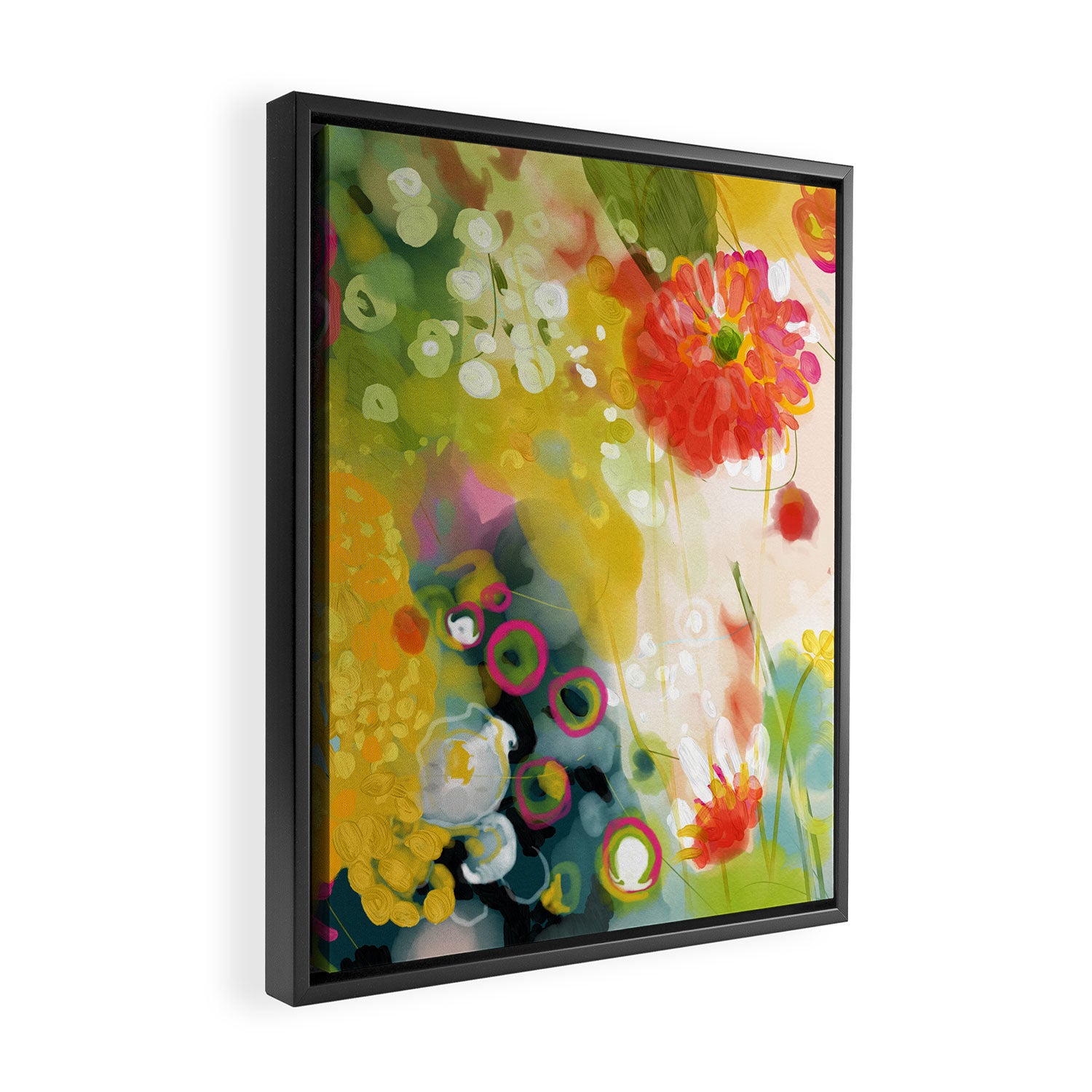 abstract floral art in yellow green and rose magenta colors Framed Canvas Print Gallery Image 2