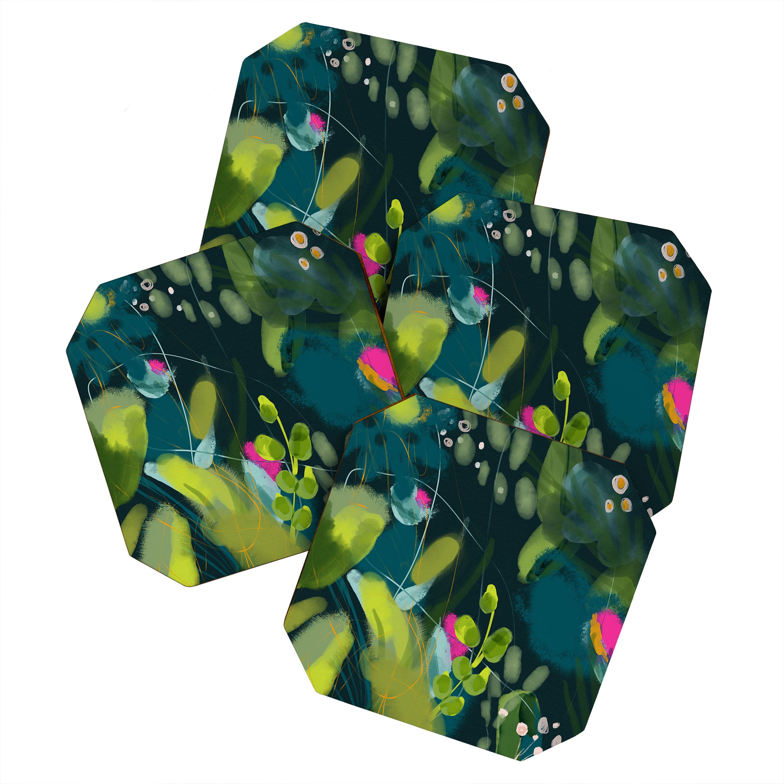 abstract jungle fever leaves in floral green Coaster Gallery Image 1