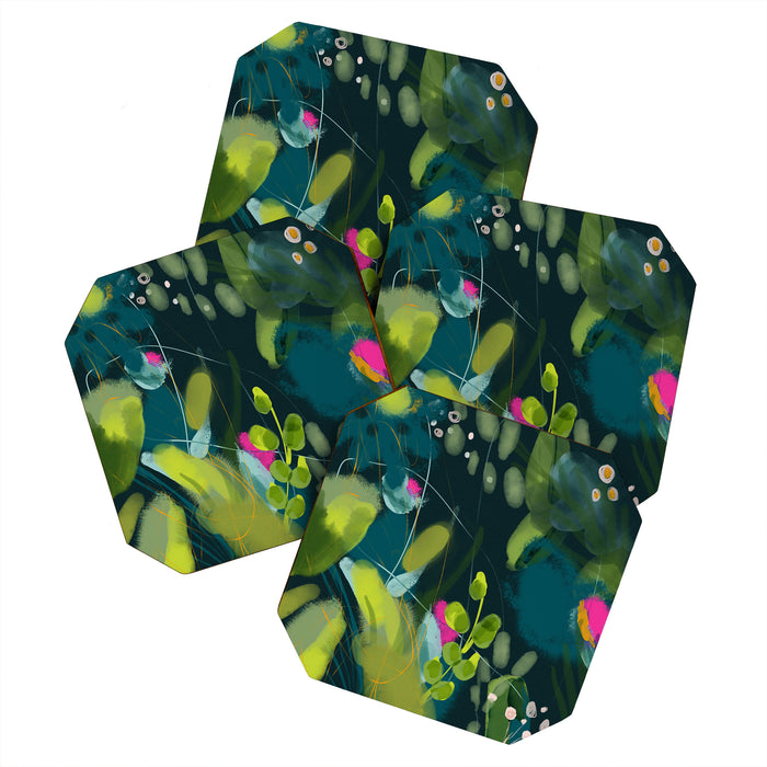 abstract jungle fever leaves in floral green Coaster Gallery Image 1