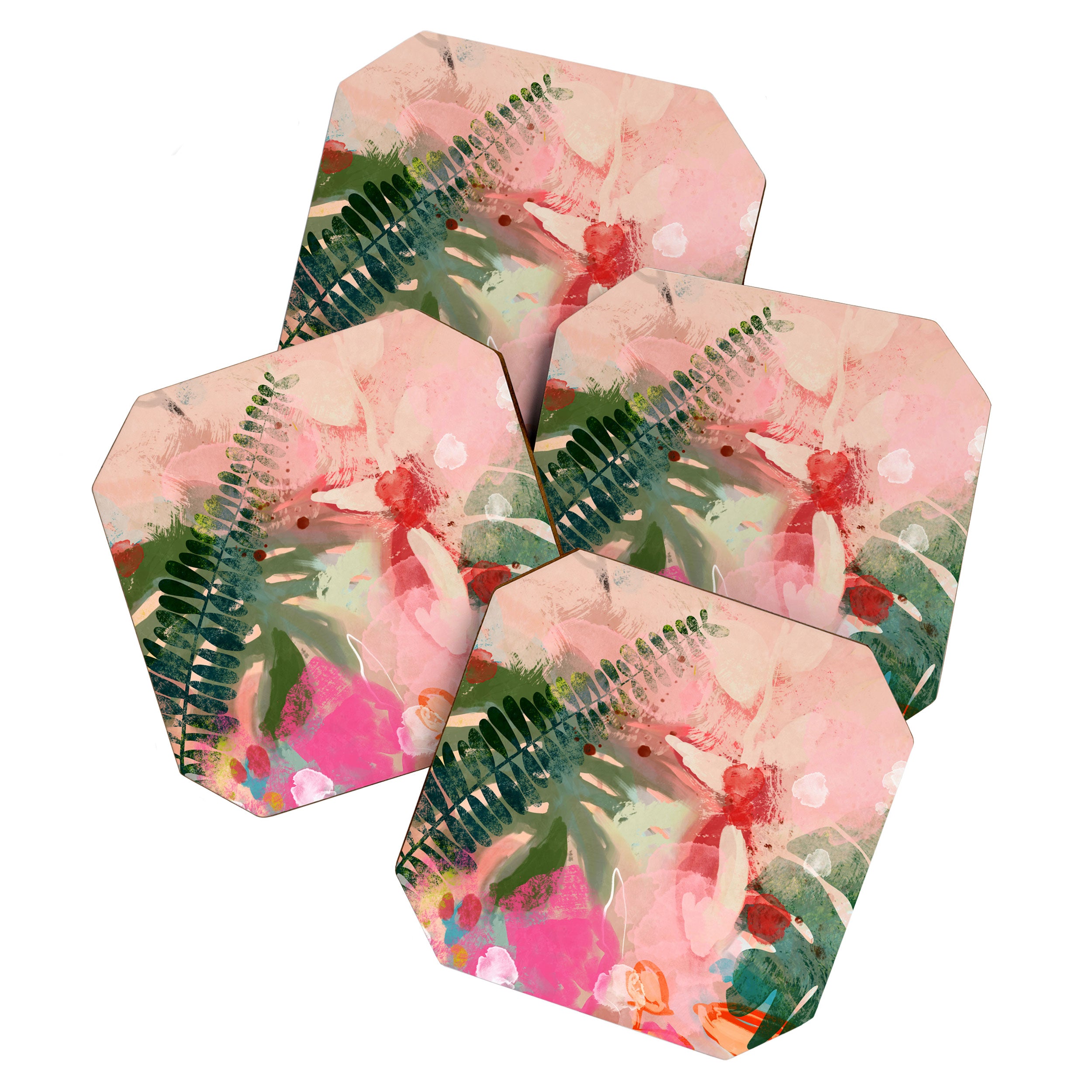 pink jungle leaves art abstract Coaster Gallery Image 1