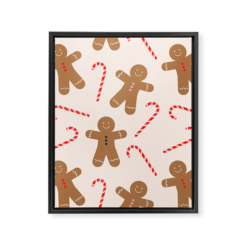 Gingerbread Man + Candy Cane Christmas Pattern Framed Canvas Print Gallery Image 6