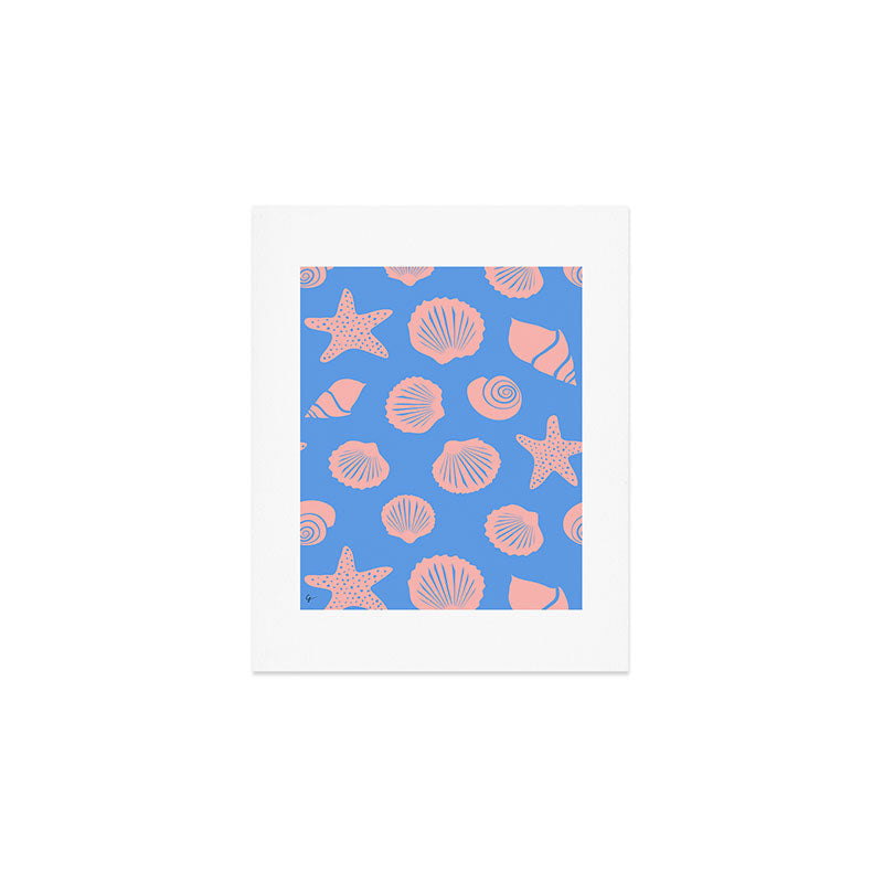 Retro Coastal Shells on Blue Art Print Gallery Image 1