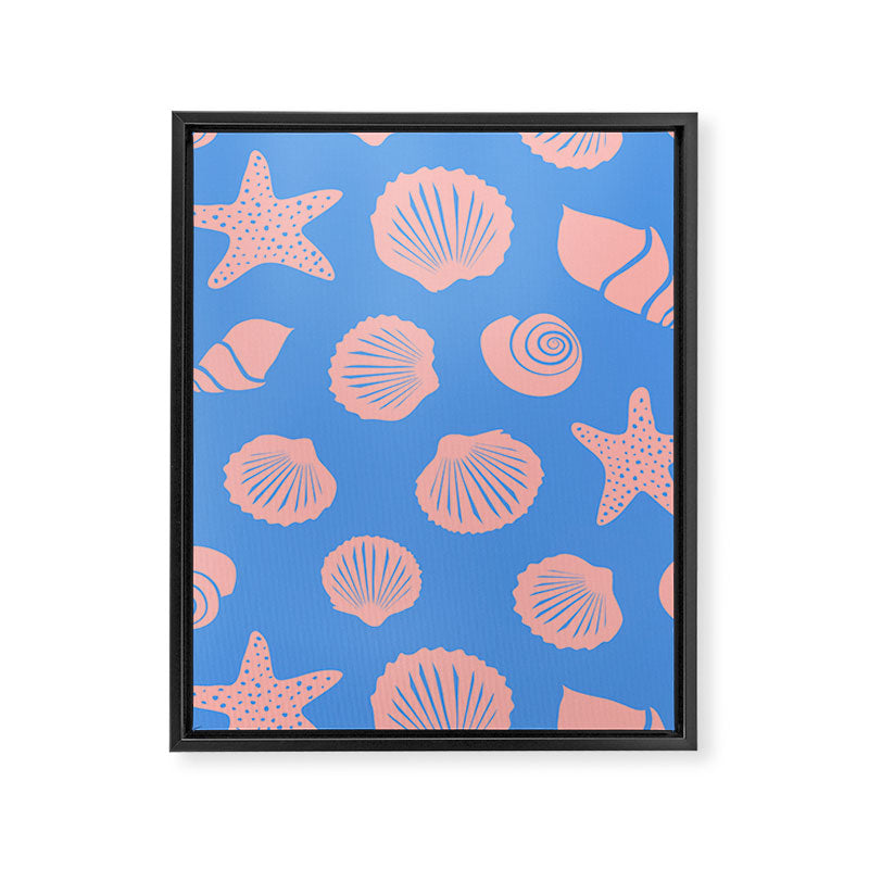 Retro Coastal Shells on Blue Framed Canvas Print Gallery Image 6
