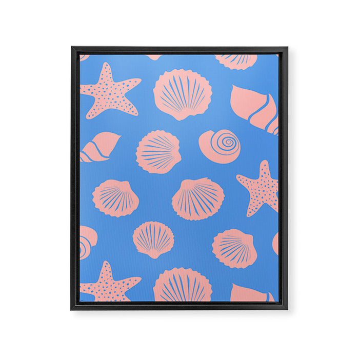 Retro Coastal Shells on Blue Framed Canvas Print Gallery Image 1