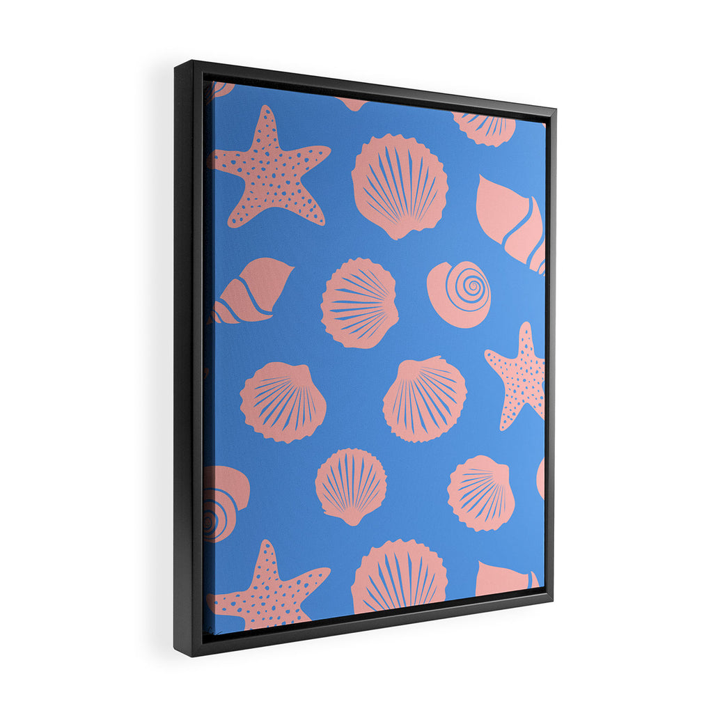 Retro Coastal Shells on Blue Framed Canvas Print Gallery Image 2