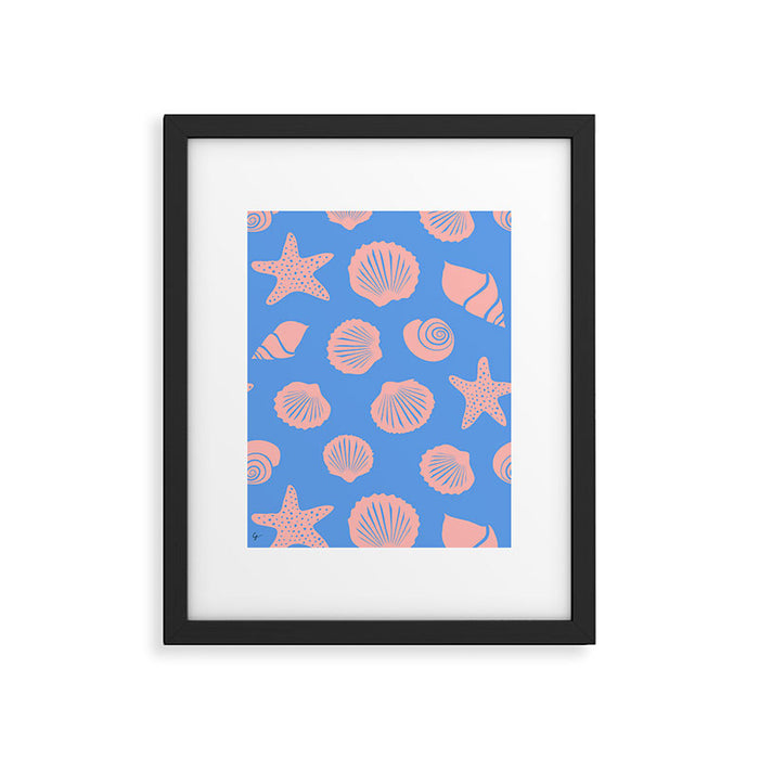 Retro Coastal Shells on Blue Framed Art Print Gallery Image 1