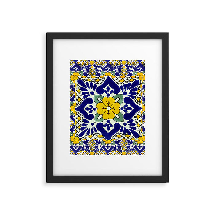 talavera mexican tile in yellow and blu Framed Art Print Gallery Image 1