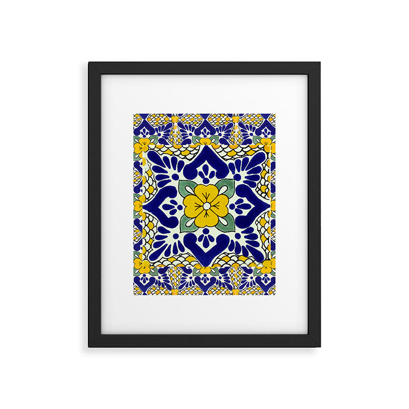 talavera mexican tile in yellow and blu Framed Art Print Gallery Image 6