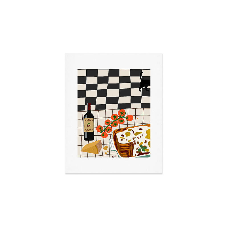 Lasagna parmesan and wne dinner - homemade meal illustration Art Print Gallery Image 1