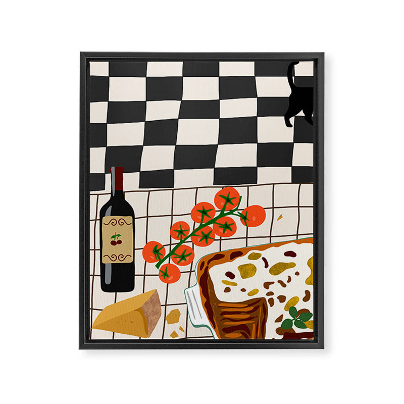 Lasagna parmesan and wne dinner - homemade meal illustration Framed Canvas Print Gallery Image 6