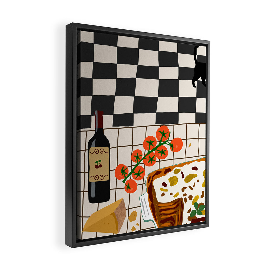 Lasagna parmesan and wne dinner - homemade meal illustration Framed Canvas Print Gallery Image 2