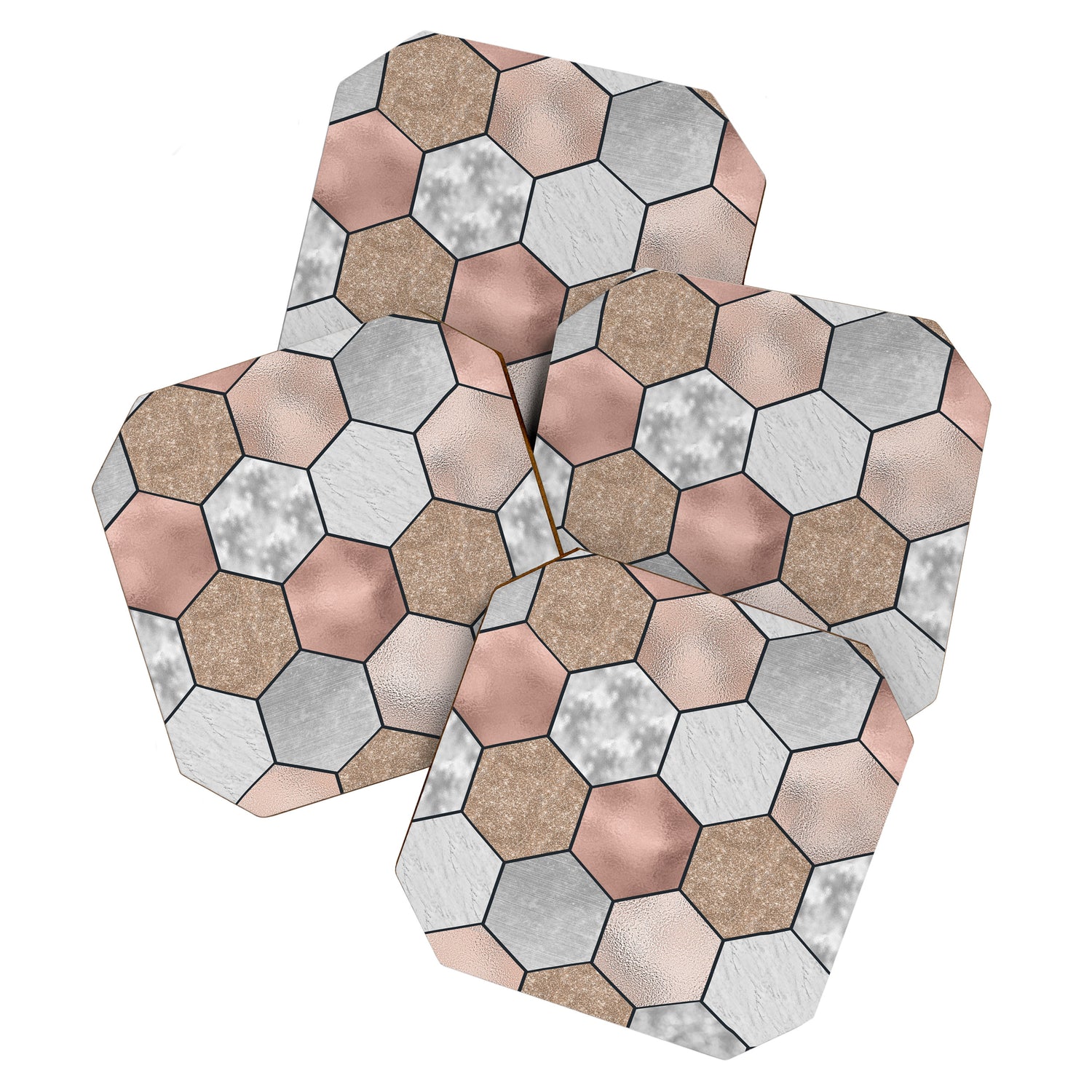 Marble hexagons and rose gold on black Coaster Gallery Image 1