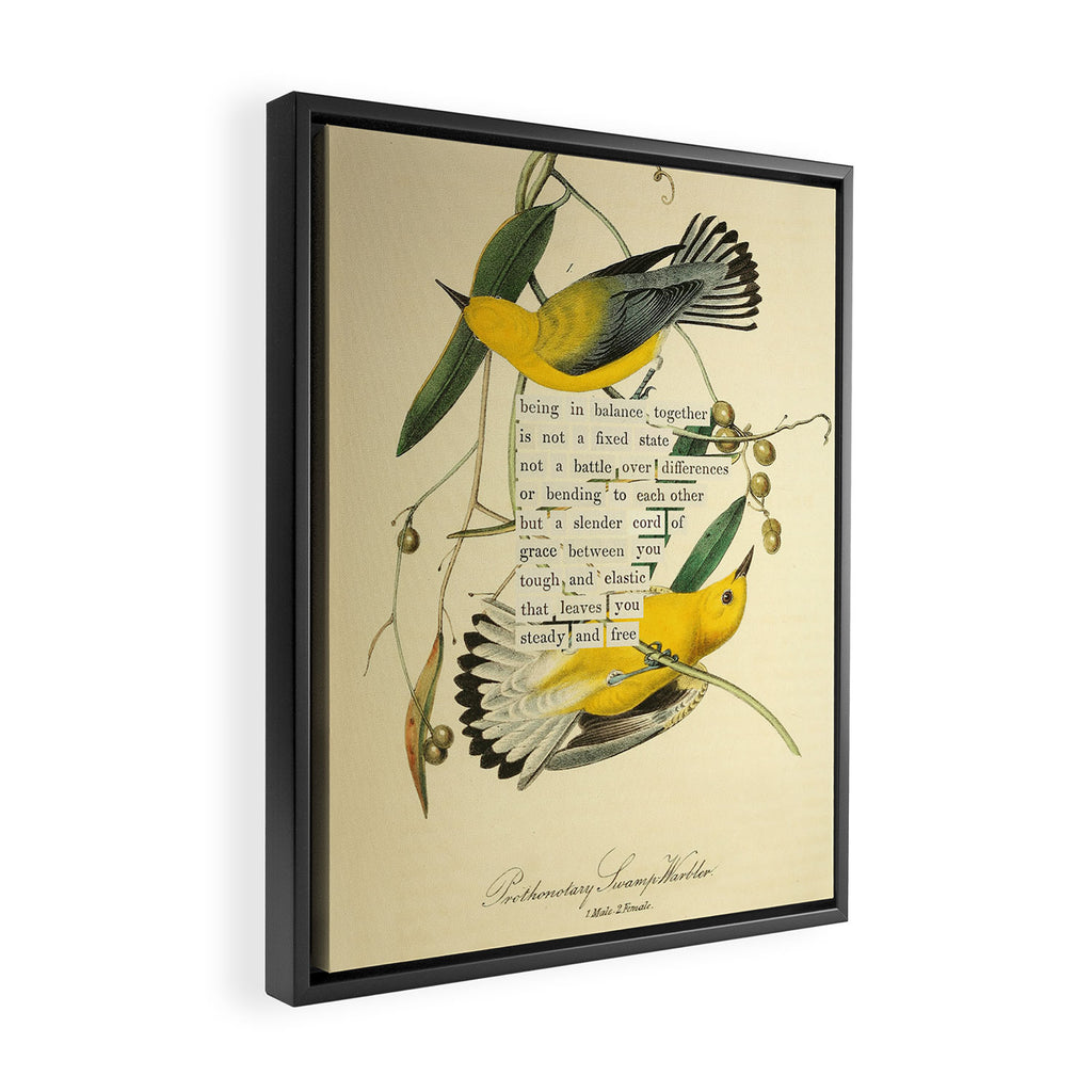 Bird Divinations: Prothonotary swamp warbler (about: almanacofbirds.org) Framed Canvas Print Gallery Image 2
