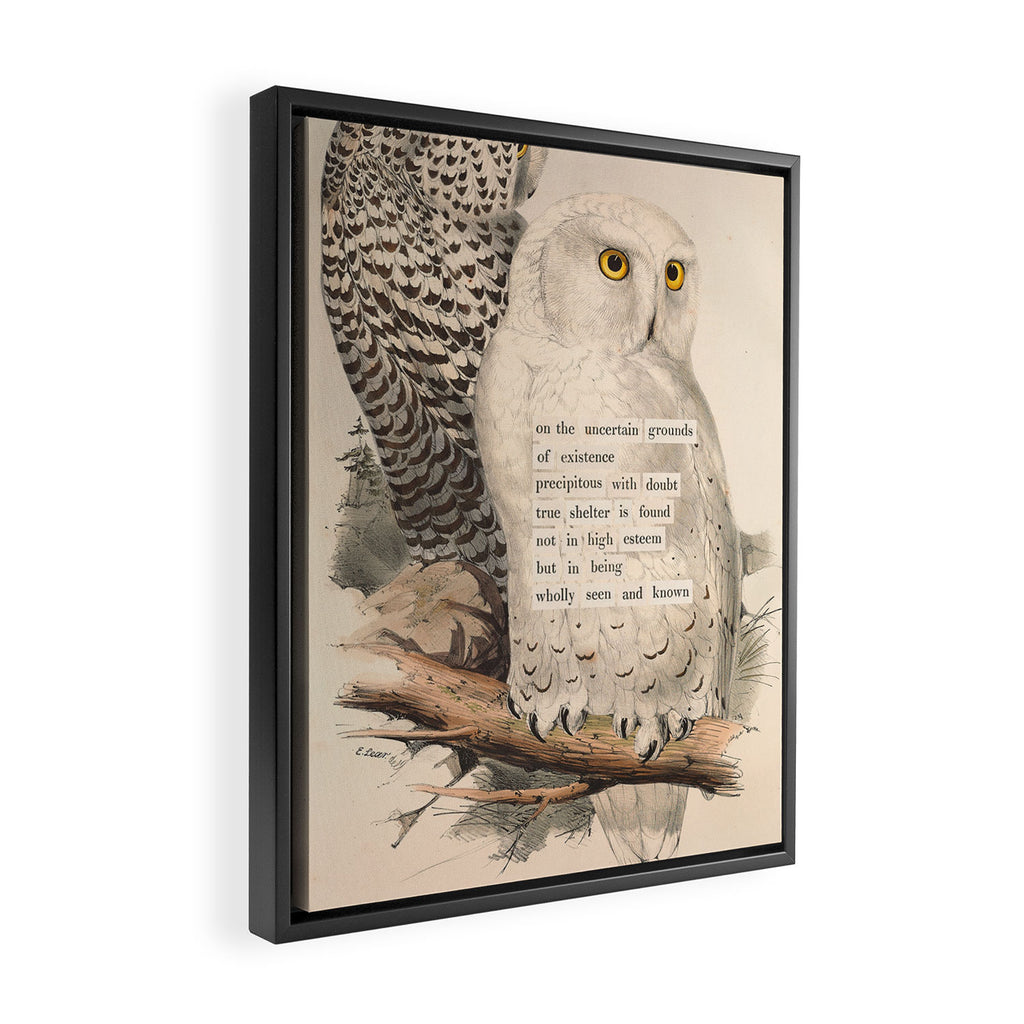 Bird Divinations: Snowy Owl (about: almanacofbirds.org) Framed Canvas Print Gallery Image 2