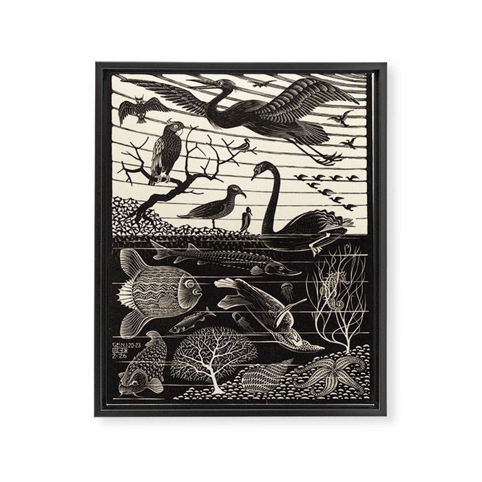 "The Fifth Day of Creation" by M.C. Escher Framed Canvas Print Gallery Image 1
