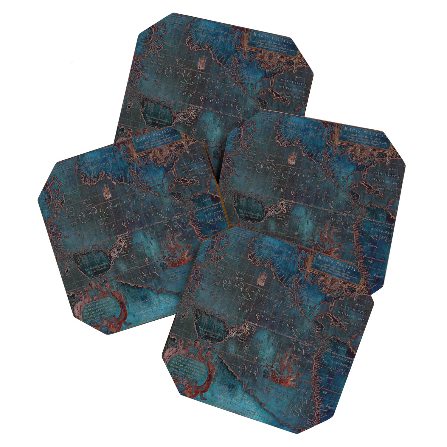 Antique Map Teal Blue and Copper Coaster Gallery Image 1