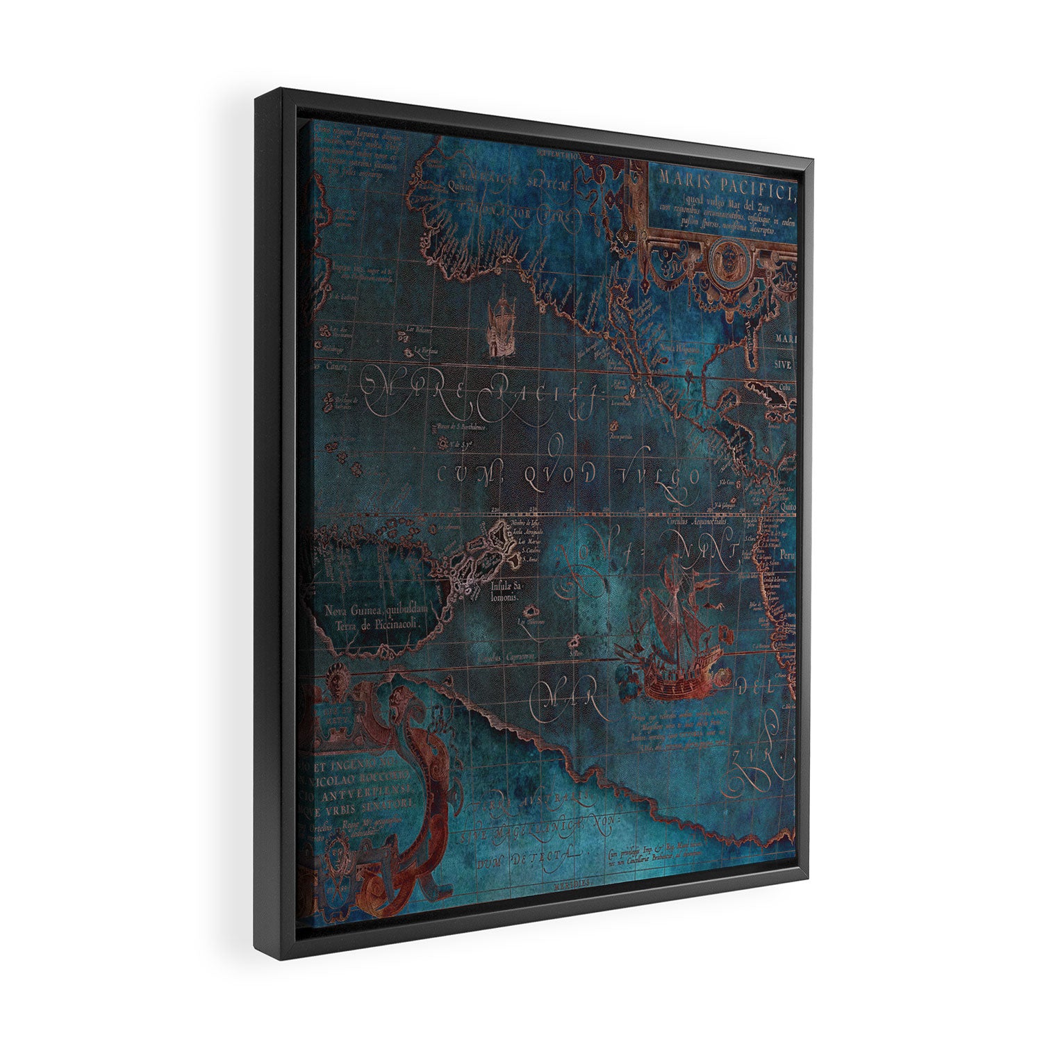 Antique Map Teal Blue and Copper Framed Canvas Print Gallery Image 2