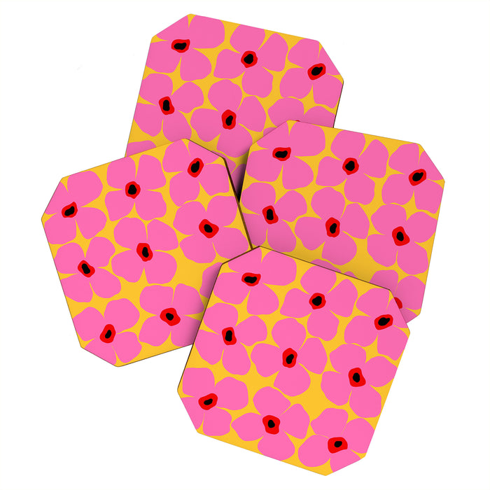 Abstract Pink Flowers With Yellow Background Coaster Gallery Image 1