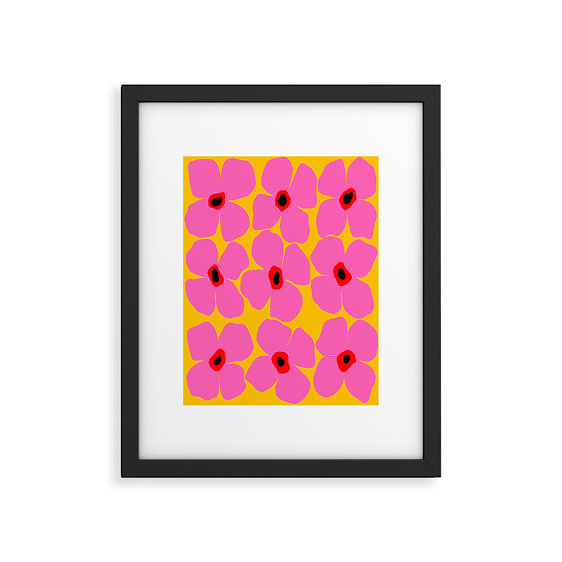 Abstract Pink Flowers With Yellow Background Framed Art Print