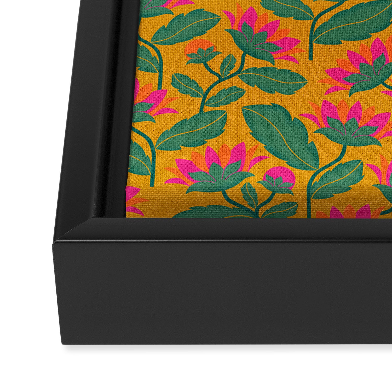 Art Nouveau Pink and Orange Tropical Flowers on Yellow Background Framed Canvas Print Gallery Image 3
