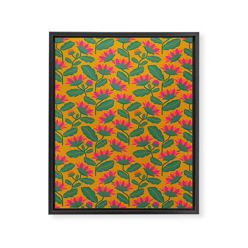 Art Nouveau Pink and Orange Tropical Flowers on Yellow Background Framed Canvas Print Gallery Image 8