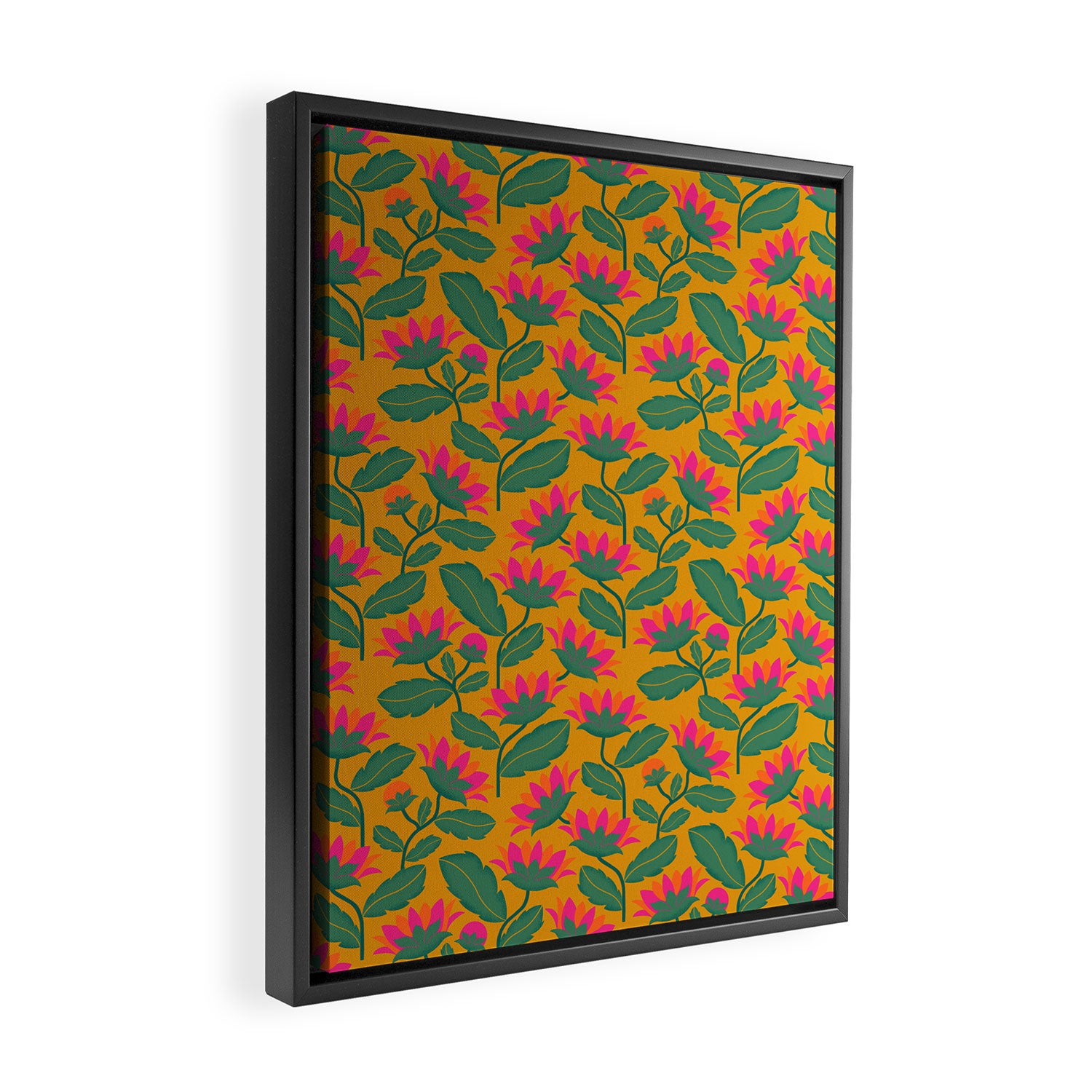 Art Nouveau Pink and Orange Tropical Flowers on Yellow Background Framed Canvas Print Gallery Image 2