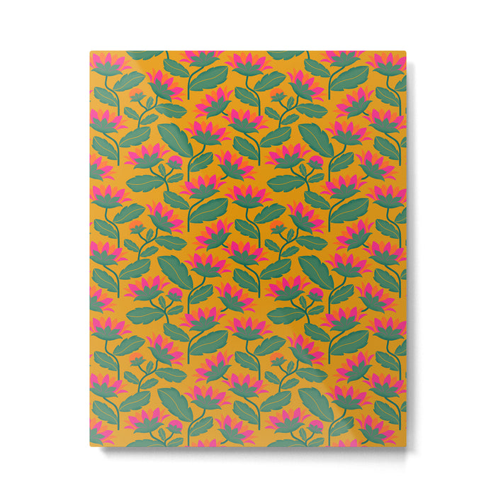 Art Nouveau Pink and Orange Tropical Flowers on Yellow Background Metal Print Gallery Image 1