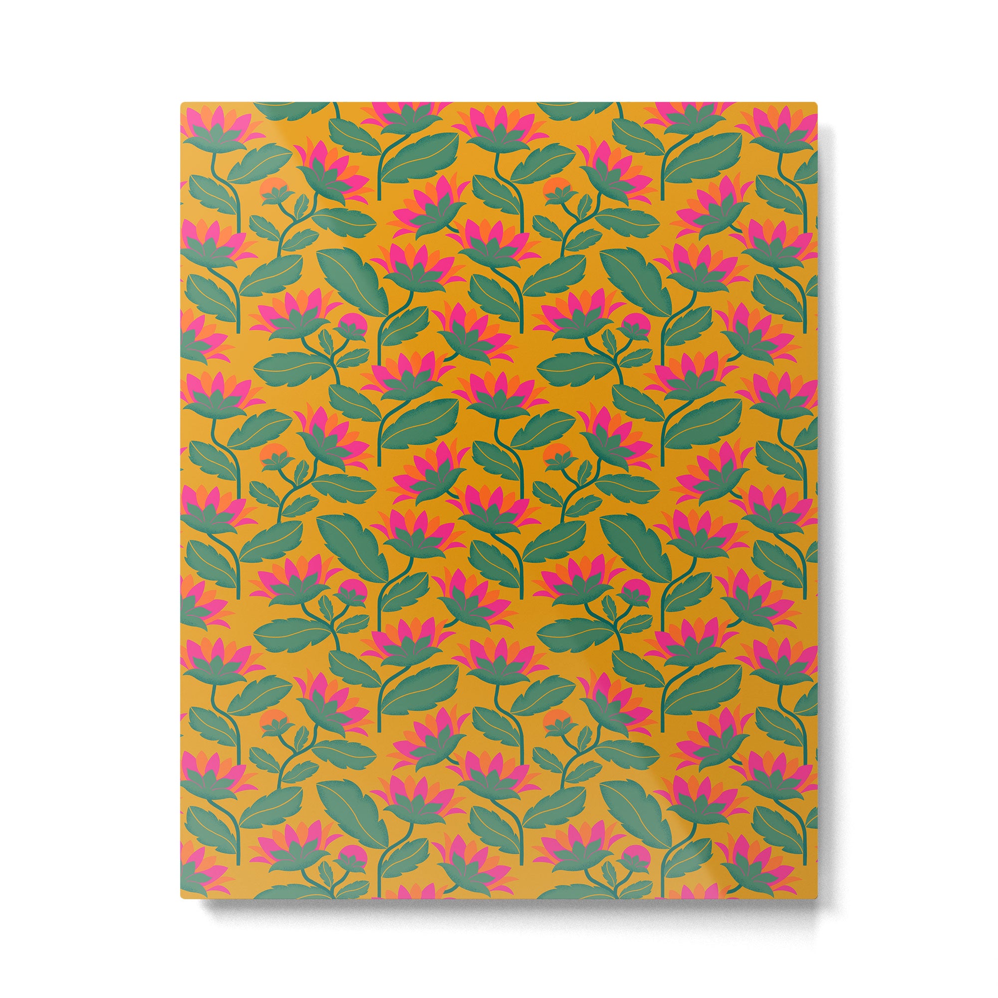 Art Nouveau Pink and Orange Tropical Flowers on Yellow Background Metal Print Gallery Image 6