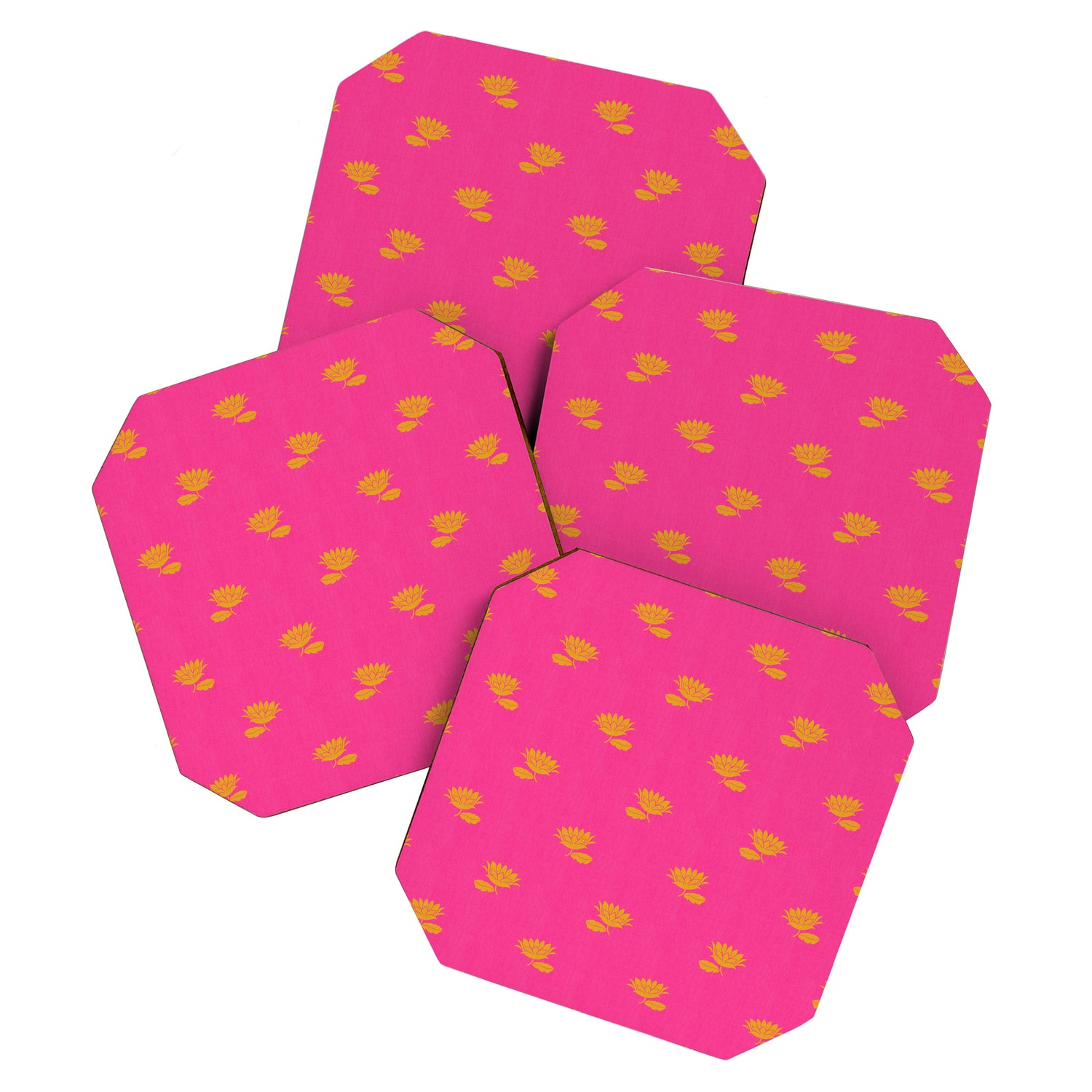 Art Nouveau Yellow Tropical Flowers - Hot Pink Pattern Coaster Gallery Image 1