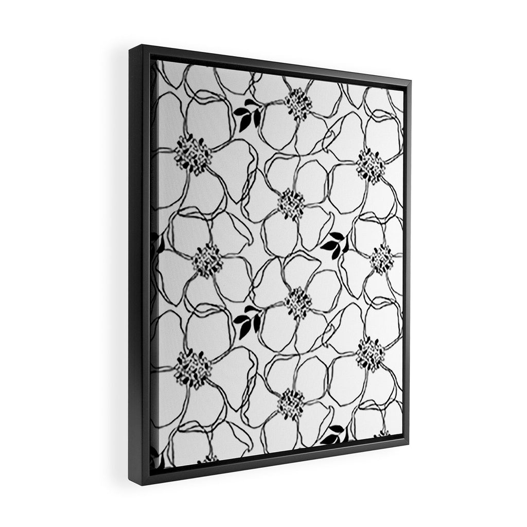 Black Floral Pattern On White Background Framed Canvas Print Gallery Image 2