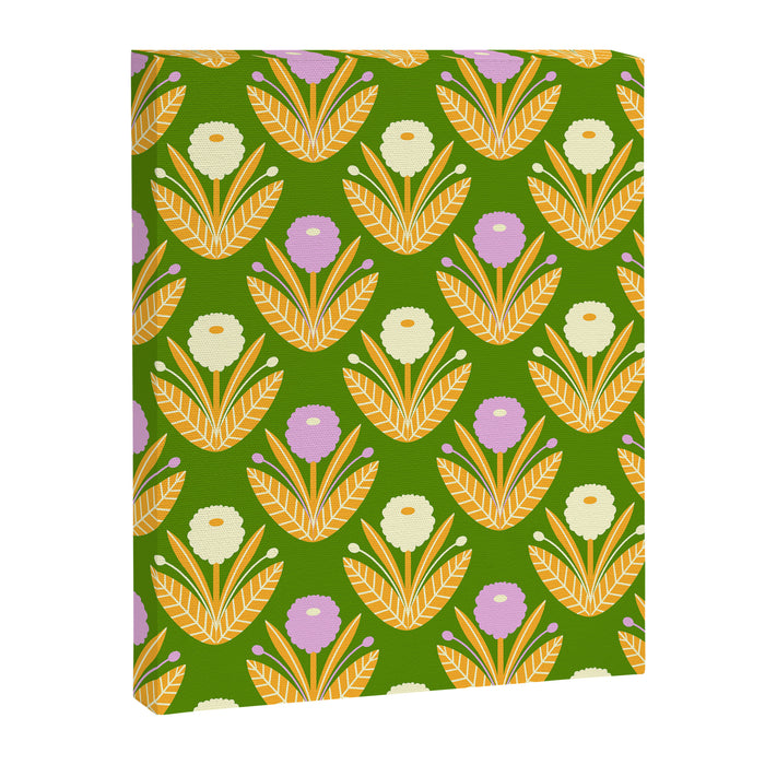 Happy White and Purple Dahlias Pattern - Green Canvas Print Gallery Image 1