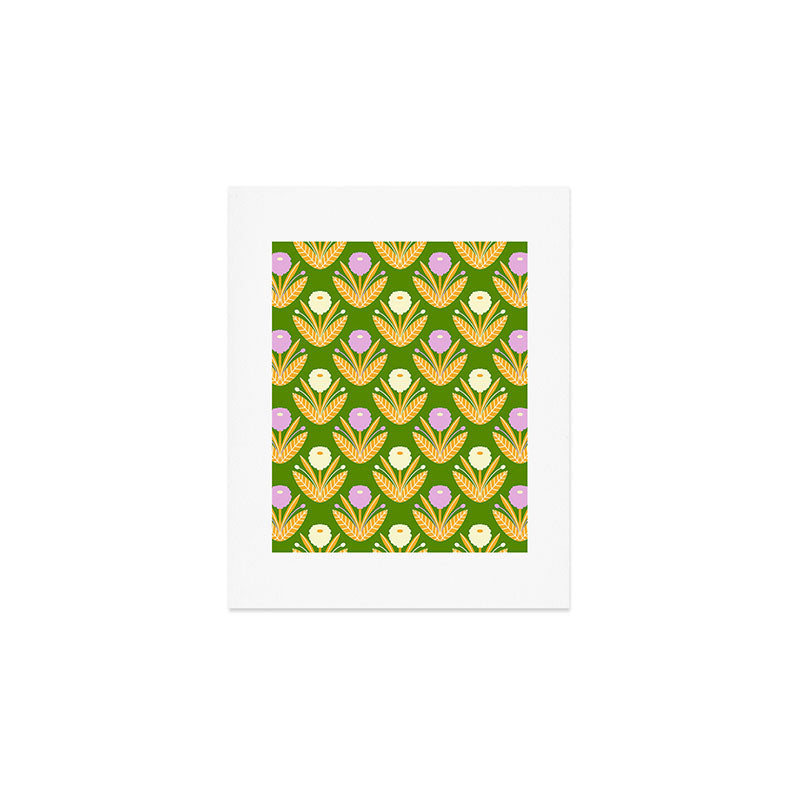 Happy White and Purple Dahlias Pattern - Green Art Print Gallery Image 1