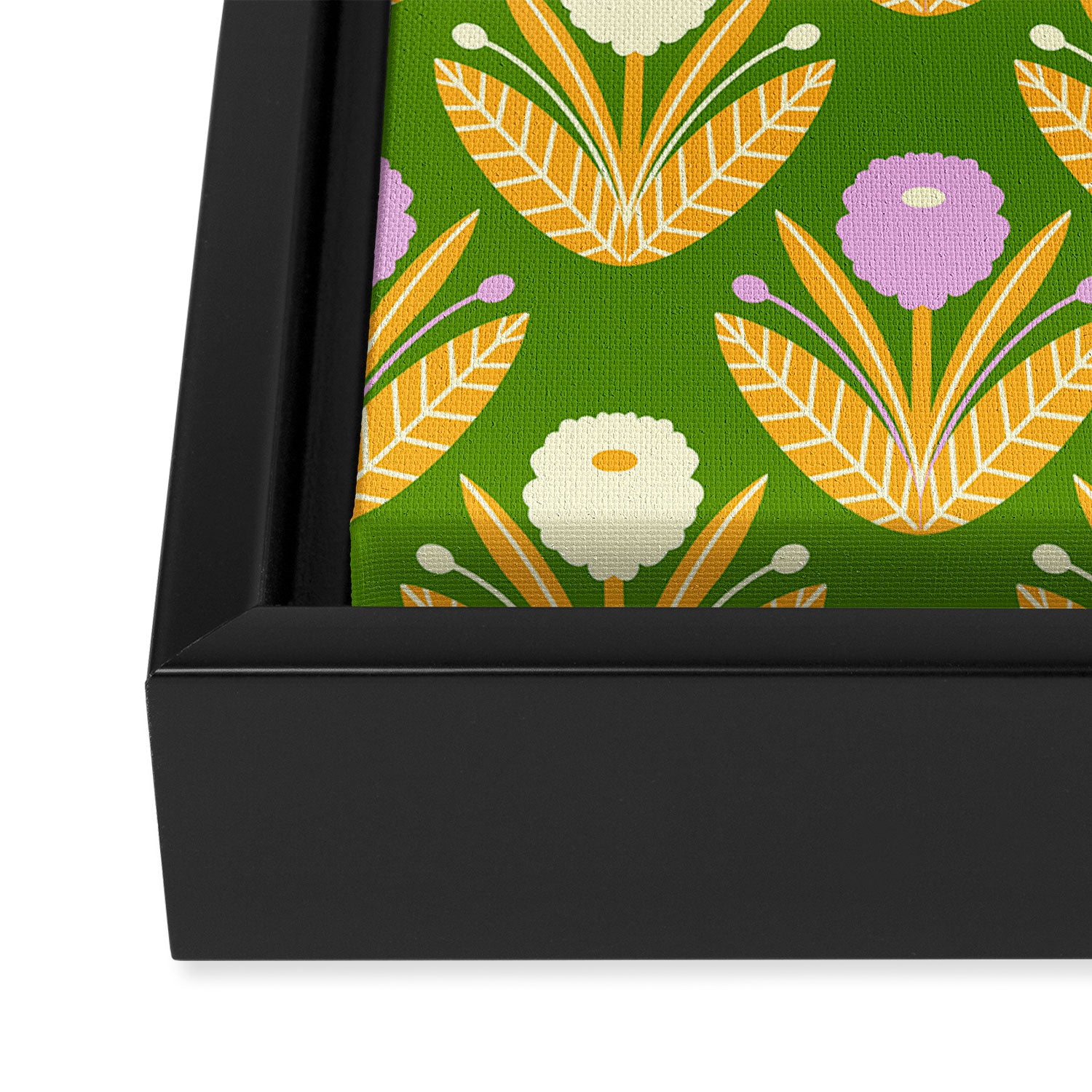 Happy White and Purple Dahlias Pattern - Green Framed Canvas Print Gallery Image 3