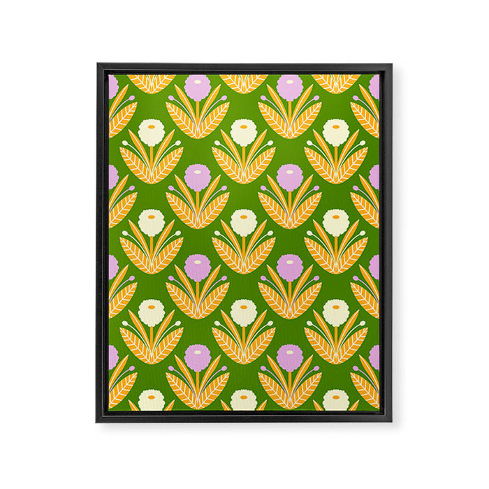 Happy White and Purple Dahlias Pattern - Green Framed Canvas Print Gallery Image 1